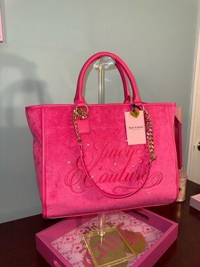 Juicy Couture Bright Pink Suede Tote with Gold Chain Accents
